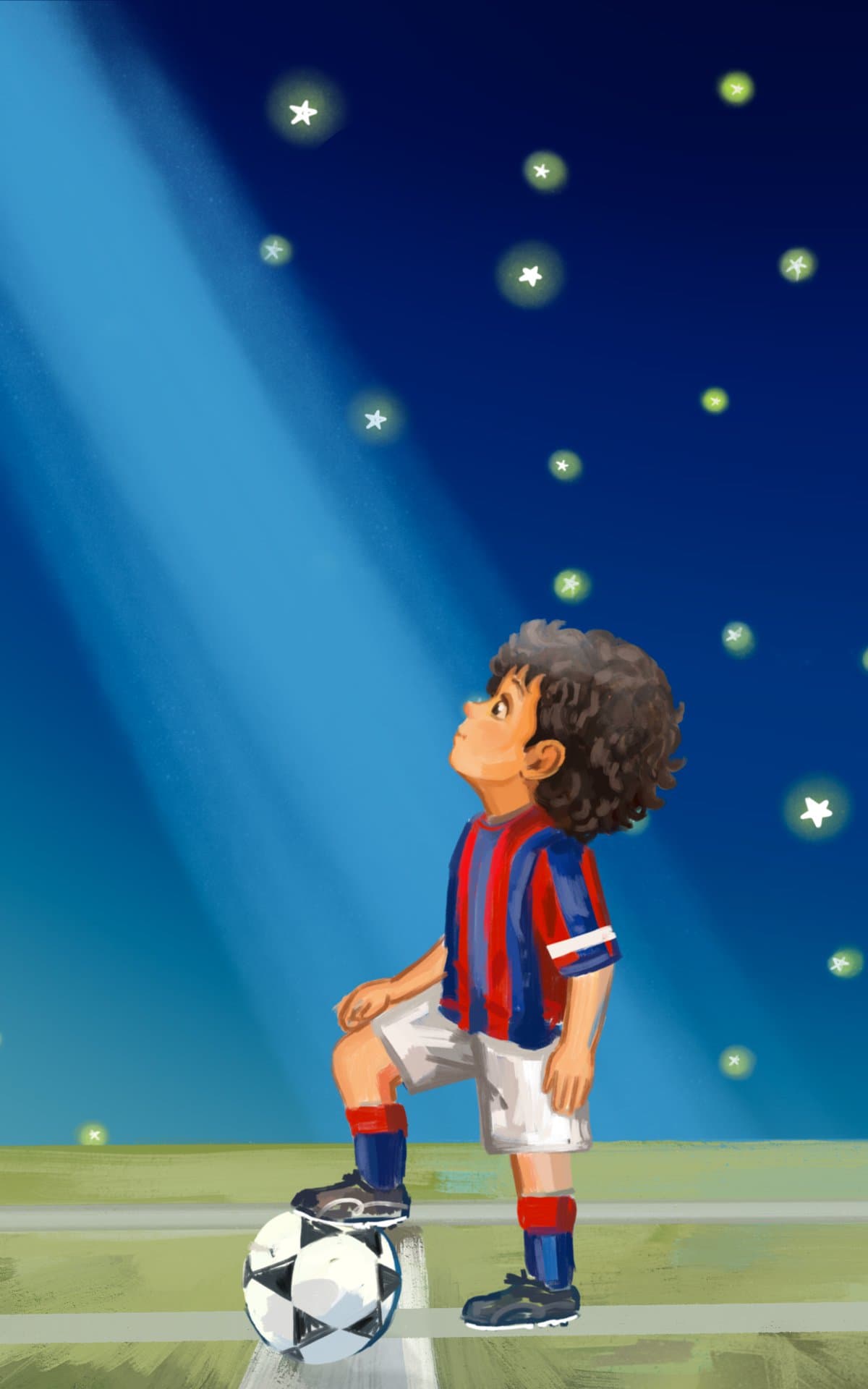 Ilustración de un niño con la camiseta azul y roja, con un pie sobre el balón, mirando las estrellas.